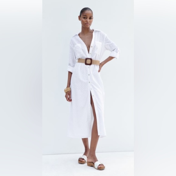 Zara Dresses & Skirts - Zara embroidered midi belted shirt dress in white
